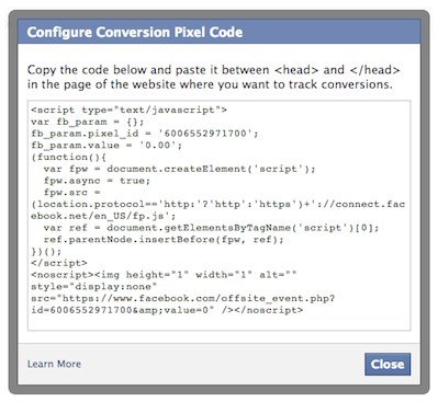 facebook conversion pixel code
