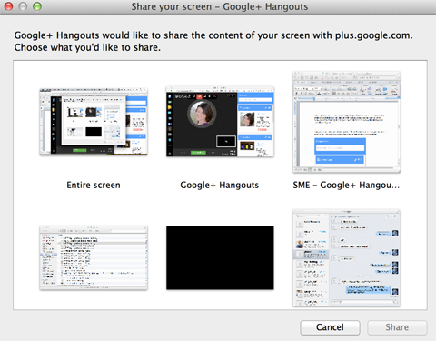 google+ hangouts screen-sharing options