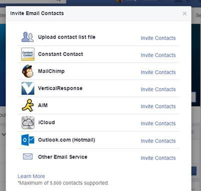 facebook page email contact import feature
