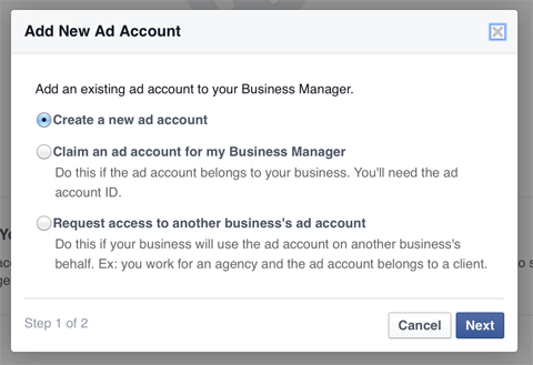 Опции для добавления рекламного аккаунта в ваш аккаунт Business Manager