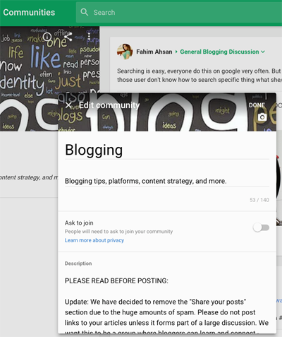 new google plus community edit settings