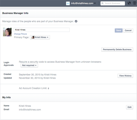 business settings in business manager
