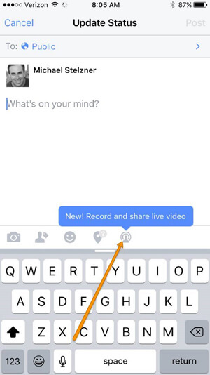 activate the live video feature in a status update