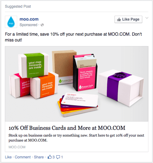 moo cards facebook ad example