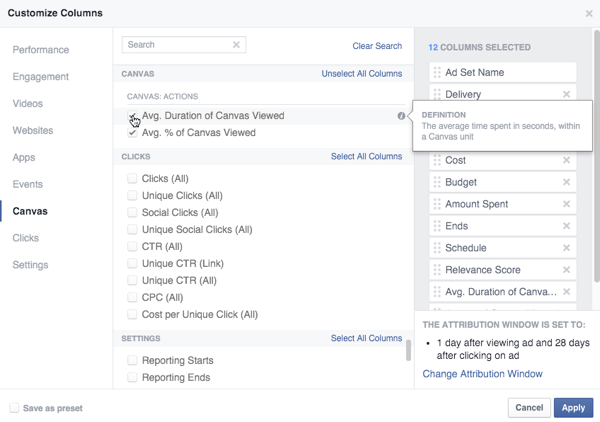 facebook canvas metric options