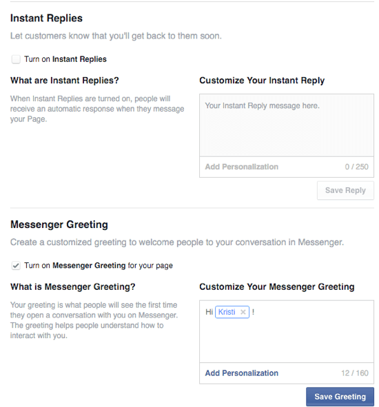options for facebook instant replies and greetings