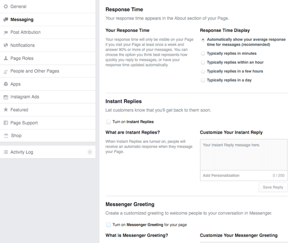 facebook page message settings