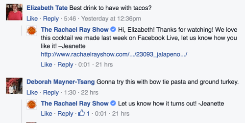 the rachel ray show facebook comment replies example