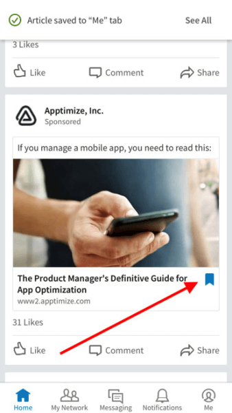 LinkedIn users now have the ability to save LinkedIn Sponsored Content on iOS and Android.