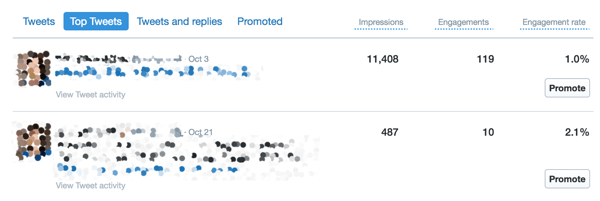 Use the Top Tweets tab of the Twitter Analytics dashboard to view your engagement activity.
