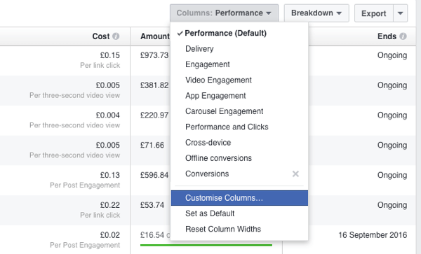 Add a new reporting column in the Facebook Ads Manager.