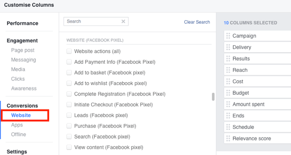 Add standard event actions to your Facebook Ads Manager reporting.