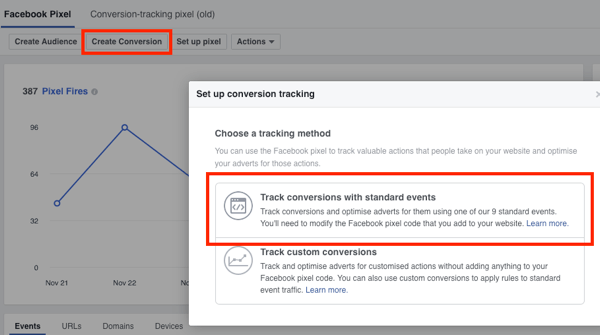 Select the Track Conversions With Standard Events option for Facebook conversion tracking.