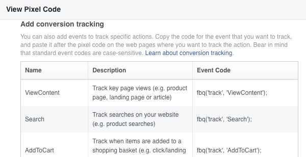 There are nine standard events you can track for Facebook ads.
