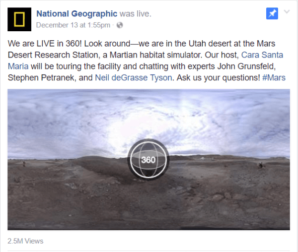 Facebook launched Live 360 video this week with a National Geographic report from the Mars Desert Research Station facility in Utah.