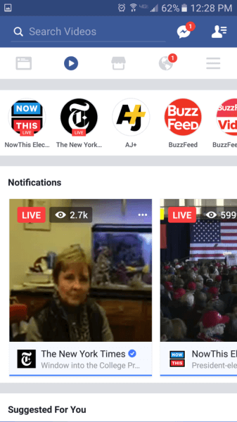 Facebook expands rollout of Live Video Tab and the new video section to more US mobile users.