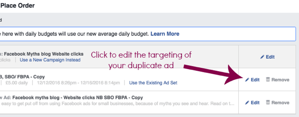Edit the settings of a duplicate Facebook ad set.