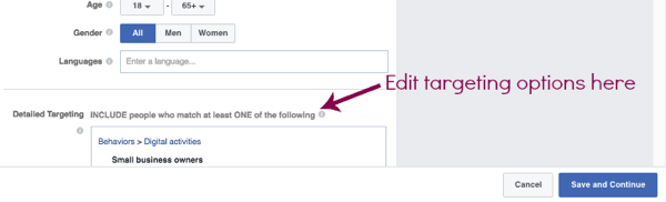 Edit the targeting of a duplicate Facebook ad set.