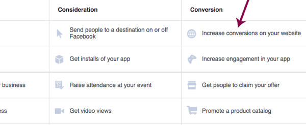 Choose the objective for your Facebook ad campaign.