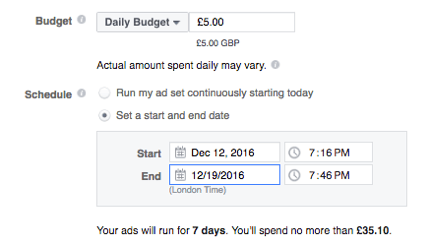 Set up a budget for your Facebook ad.
