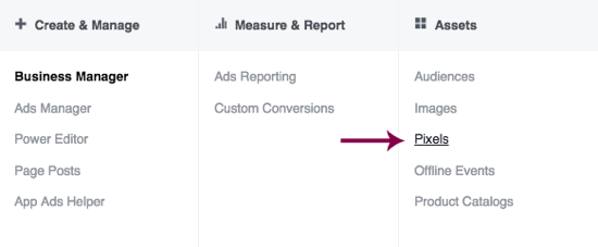Navigate to the Pixels page from the header bar in Facebook Ads Manager.
