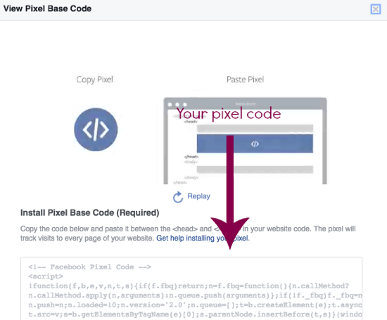 Copy your Facebook pixel code directly from this page.