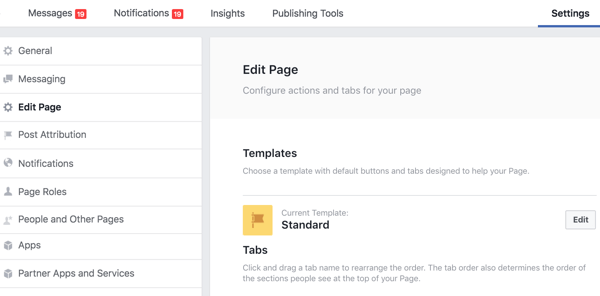 The Edit Page section of your Facebook page Settings is where you can reorder your tabs.