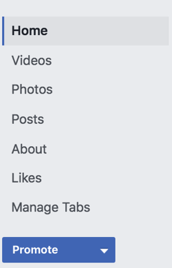 Click Manage Tabs in the left sidebar of your Facebook page.