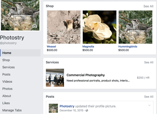 This is what the Facebook page layout looks like if you position your Shop and Services tabs first.