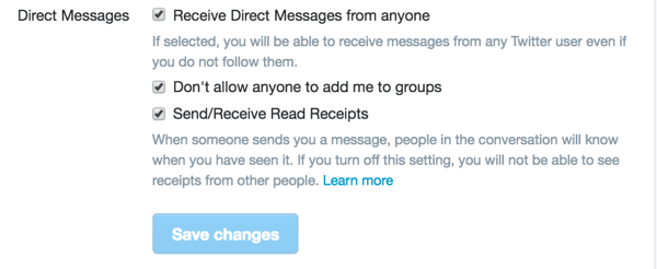 You'll find three Direct Messages options in your Twitter Security and Privacy Settings.