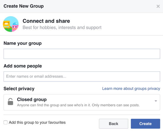 Fill out the information about your Facebook group and add members.