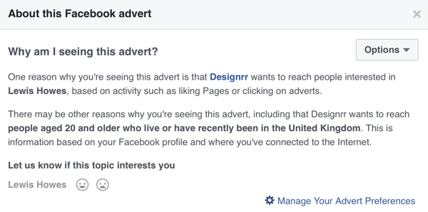 Facebook will show detailed targeting information for a Facebook ad.