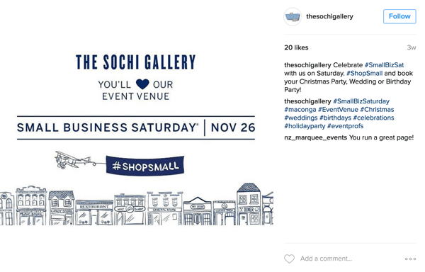Small businesses should post regularly about Small Business Saturday in November and use popular event hashtags.