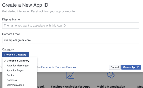 Fill in the details for your new Facebook app.