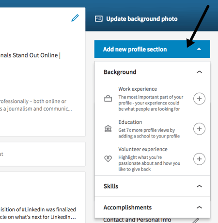 Add a new section from your LinkedIn profile or the right sidebar.