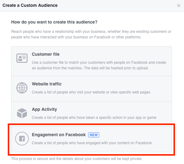 Select Engagement on Facebook when creating your custom video audience.