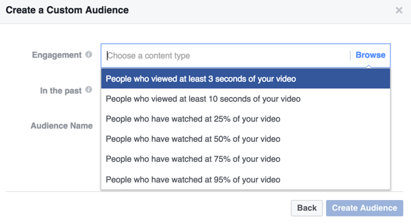 Select the engagement criteria for your Facebook custom video audience.