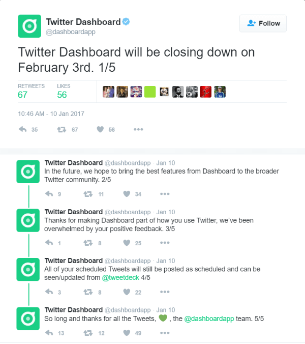 Twitter will shut down the Twitter Dashboard on February 3, 2017.