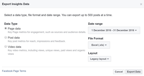 Choose the data type, range, file format, and layout for your Facebook Insights data.