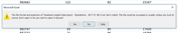 If you get an error message for Excel, click Yes to open your exported Facebook Insights file in Excel.