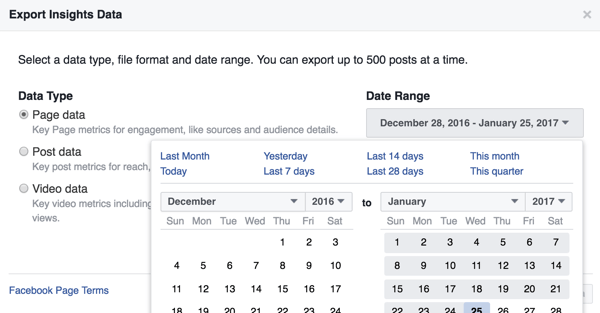 You can change the date range for the Facebook Insights data you're downloading.
