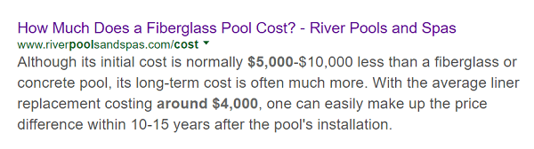 River Pools' article on the cost of a fiberglass pool shows up first in a search of that topic.