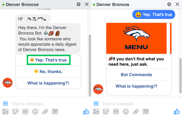 The Denver Broncos chatbot prompts users to sign up for their daily digest.