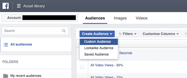 In Facebook Ads Manager, click Create Audience and select Custom Audience from the drop-down list.