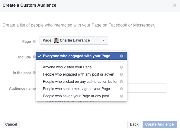 Select Everyone Who Engaged With Your Page from the Include drop-down list.