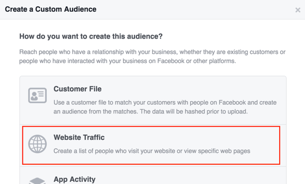 Create a Facebook custom audience based on website traffic.