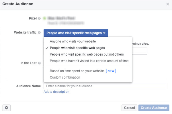 From the Website Traffic menu, choose whom you want to include in your Facebook custom audience.