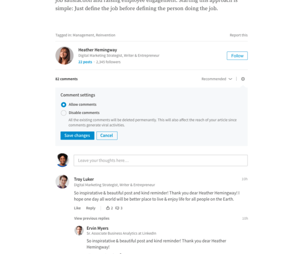 LinkedIn rolled out the ability for publishers to directly manage the comments on their long-form articles.
