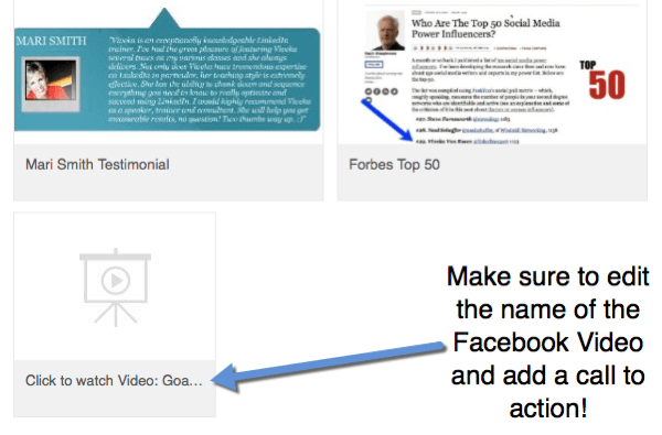 When you add Facebook video links to your profile, edit the title to include a call to action to watch the video.
