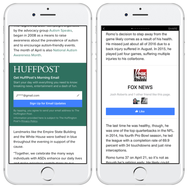 Facebook added Page Like and Email Sign-Up call-to-action units to all Instant Articles publishers.